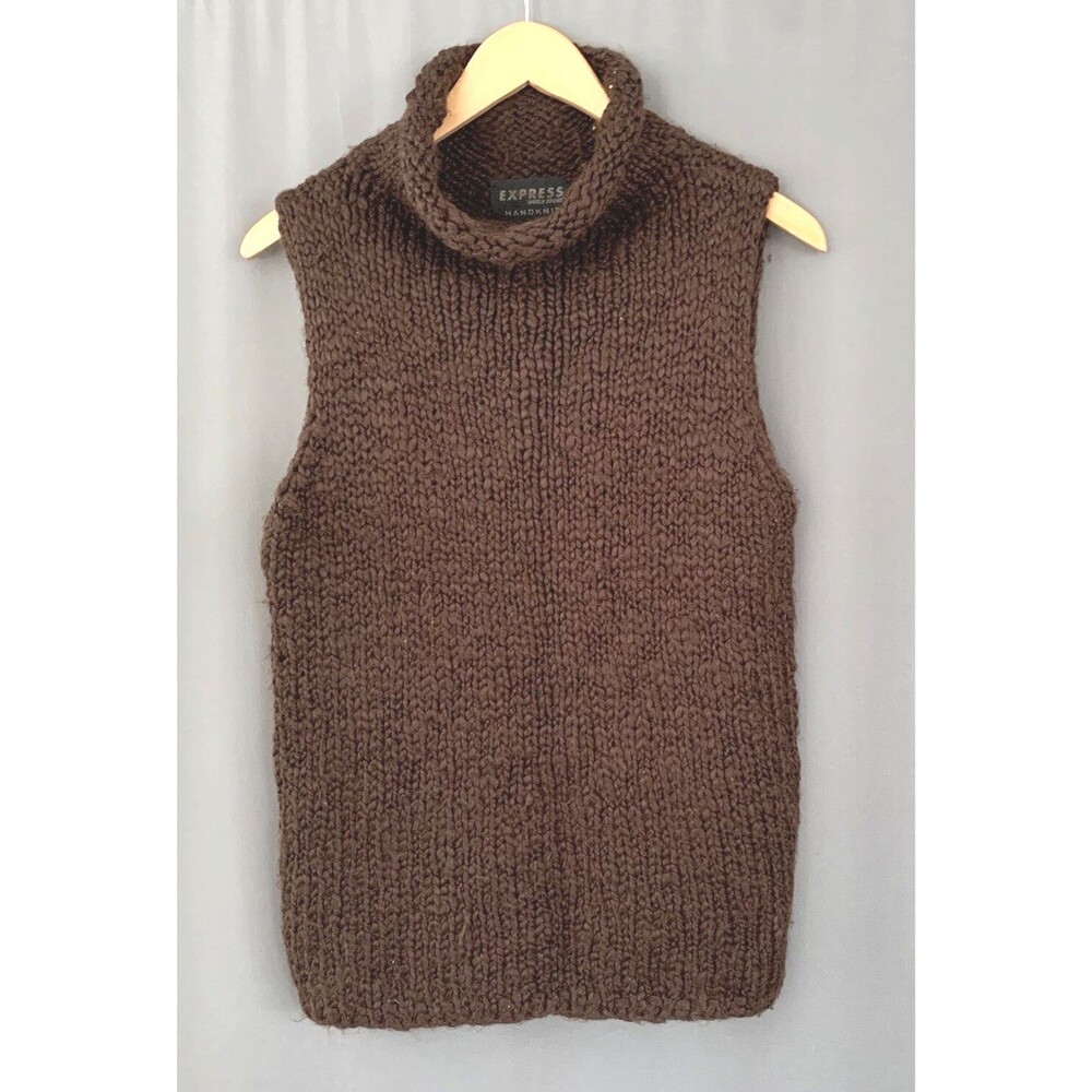 Y2K Vtg 90s Express Hand Knit Brown Wool Blend Sleeveless Chunky Sweater Large
